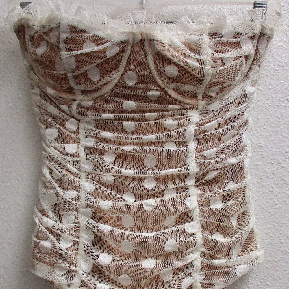MAJORELLE Polka Dot Bodysuit in White and Tan